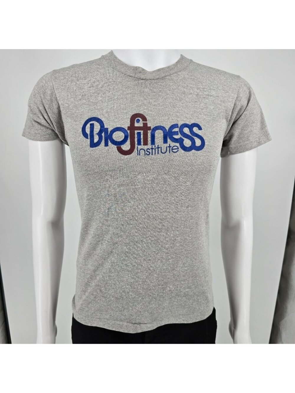 Vintage 1980s Screen Stars Biofitness Institute Manhattan Gray Gym T-Shirt (XS)